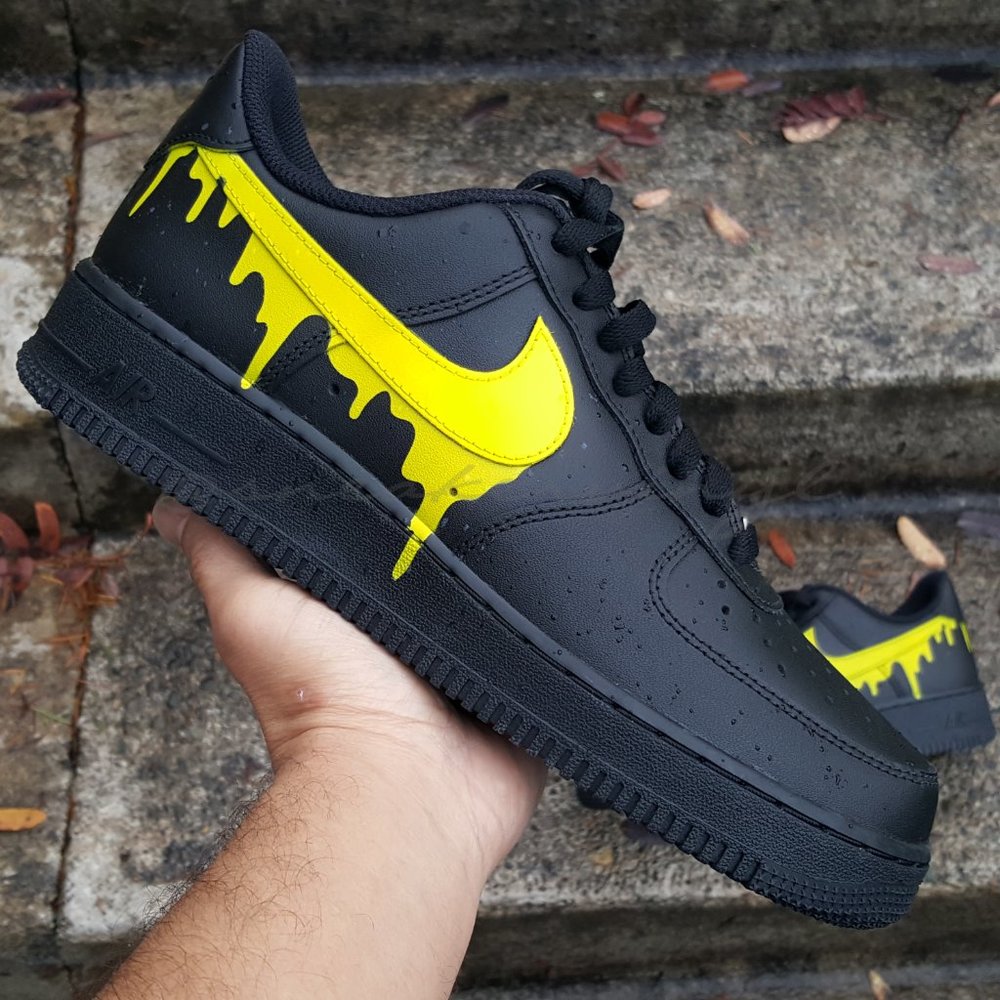 Nike Air Force 1 Low Black and Yellow Paint Drip Custom NWT